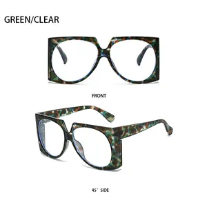Front and 45-degree side views of green tortoiseshell square sunglasses with clear lenses
