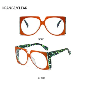 Detailed front and side views of oversized square orange sunglasses with camo temples