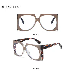 Detail view of khaki square frame sunglasses with leopard print temples and clear lenses