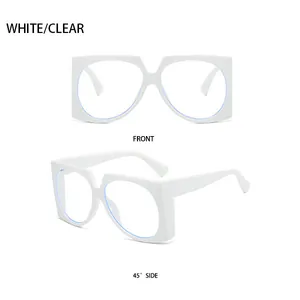 Front and 45-degree side view of oversized white square frame glasses with clear lenses