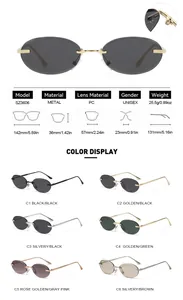 Detailed size specifications and color variants of oval rimless metal sunglasses