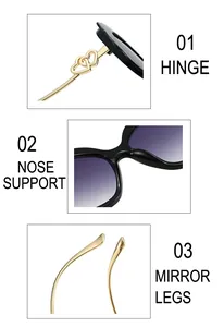Detail view of heart-shaped metal hinge, nose support and slim gold temples on sunglasses