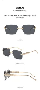 Gafas de sol cuadradas sin montura con patillas de cadena dorada vistas desde tres ángulos