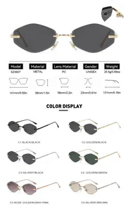 Detailed spec sheet showing frameless rectangular sunglasses with metal temples and PC lenses