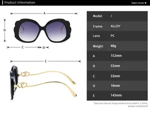 Size chart showing frame dimensions of oval sunglasses with heart metal accents