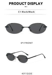 Front and 45-degree side views of C1 black rimless oval metal sunglasses for men and women