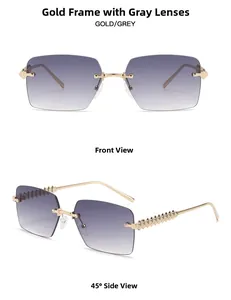 Detalle de gafas de sol sin montura doradas con lentes grises degradadas y patillas con remaches