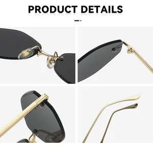Detailed views of gold metal hinges and nose pads on rimless square sunglasses