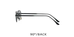 Detail view of the sleek 90-degree back angle of black rimless oval metal sunglasses