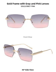 Detalle de patillas de cadena dorada y lentes degradadas gris-rosa de gafas sin montura