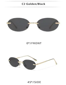 Front and 45-degree side view of oval rimless sunglasses with golden metal frame