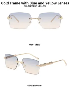 Vista frontal y lateral de gafas de sol sin montura con cadena dorada y lentes degradadas azules