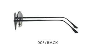 Detailed back view of rimless square sunglasses featuring slim metal temples and nose pads