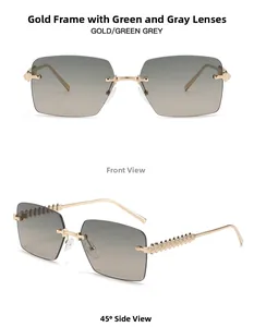 Detalle de gafas de sol doradas con patillas de cadena y lentes en degradado