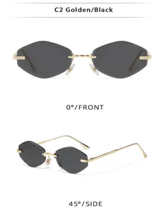 Detail view of rimless square sunglasses with golden metal frame and grey-black lenses