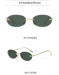 Front and side views of oval rimless sunglasses with gold frames and dark green lenses