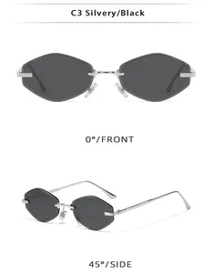 Close-up of rimless square sunglasses with silver metal temples and dark gray lenses