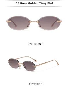 Detail view of oval rimless sunglasses with rose gold metal temples and gray pink lenses