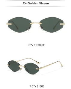 Detailed front and side view of rimless geometric sunglasses with golden metal temples