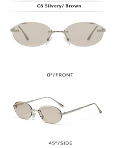 Detailed front and 45-degree side views of C6 rimless oval sunglasses with brown lenses
