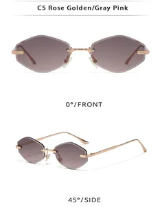 Front and side views of rimless square sunglasses with gray-pink lenses and rose gold frame