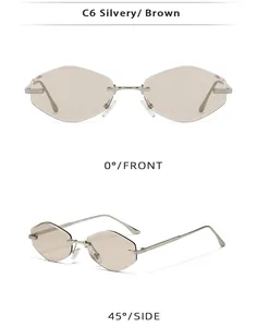 Close-up of rimless square sunglasses with silver metal frames and brown lenses