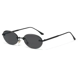 Oval rimless sunglasses with black tinted lenses and minimalist metal temples