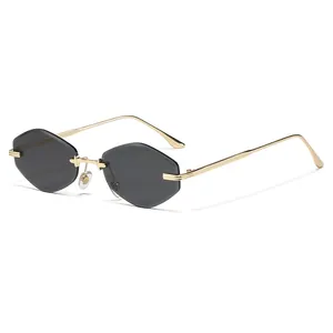 Rimless Small Square Geometric Sunglasses For Women Men Fashion UV400 Metal Frame Hexagon Cut Edge Tinted Lens Sun Glasses