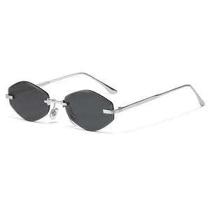 Frameless geometric square sunglasses with dark grey lenses and silver metal temples