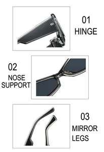 Détails de lunettes œil de chat montrant charnière, support de nez et branches grises