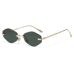 Trendy rimless square cut-edge sunglasses with gold metal frame and dark green lenses