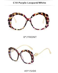 Detail of purple leopard wavy oval sunglasses with gold double heart metal temples