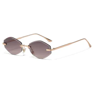 Fashionable rimless square geometric sunglasses with brown gradient lenses and gold frame