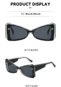 Vues de face et de côté de lunettes de soleil œil-de-chat noires et transparentes, C1