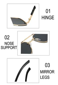 Detailed macro view of golden metal hinges and clear silicone nose pads on aviator sunglasses