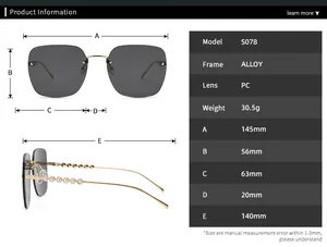 Tableau des tailles détaillé pour lunettes de soleil carrées sans monture et dimensions