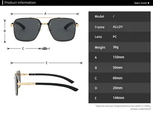 Detailed size chart for retro double-bridge pilot sunglasses with alloy frame dimensions