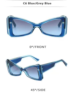 Détail des lunettes de soleil œil-de-chat bleues avec monture transparente et dégradé