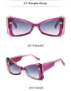 Vues de face et de profil de lunettes de soleil œil-de-chat violettes à verres dégradés