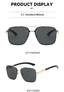 Detailed front and 45-degree side view of golden metal double bridge aviator sunglasses
