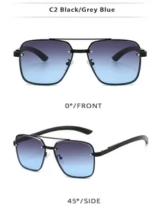 Close-up of black double bridge aviator sunglasses with C2 grey blue gradient lenses
