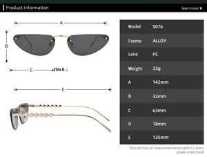 Size guide for cat eye sunglasses model S076 featuring dimensions and alloy frame details