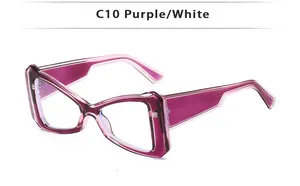 Détail de la monture de lunettes œil-de-chat en acétate violet et blanc translucide