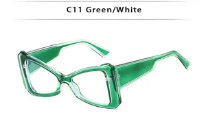 Vue détaillée des lunettes de soleil œil de chat bicolores vert et blanc avec modèle C11