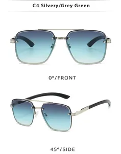 Front and side views of silver pilot sunglasses with grey green gradient lenses