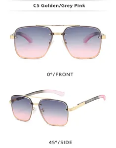 Detail view of gold aviator sunglasses with gradient grey-pink lenses from front and side