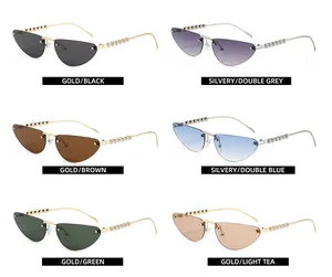 Detailed view of six cat eye metal sunglasses with pearl-decorated temple options