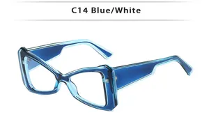 Détail de la monture oeil-de-chat bleue translucide avec marquage du modèle C14