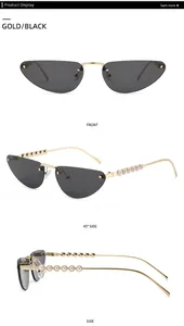 Detailed views of gold cat-eye sunglasses with pearl-embellished metal temples and black lenses