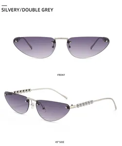 Detailed front and side views of silver cat-eye sunglasses with pearl-beaded metal temples